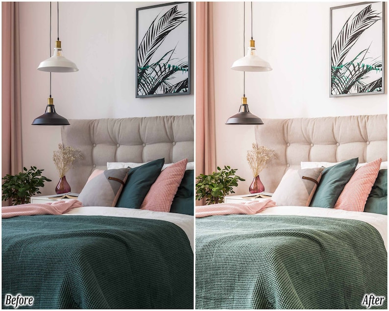 May include: A bedroom with a green and white bedspread, a white headboard, and two black and white pendant lights hanging from the ceiling. There are several pillows on the bed, including a pink pillow, a gray pillow, and a green pillow. There is a small table next to the bed with a vase of flowers on it.