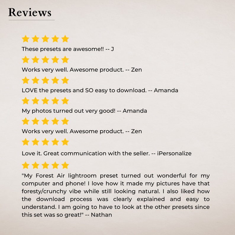 May include: A screenshot of customer reviews for a digital product. The reviews are positive and mention the product is easy to use and download. The reviews also mention the product is great for making photos look natural.