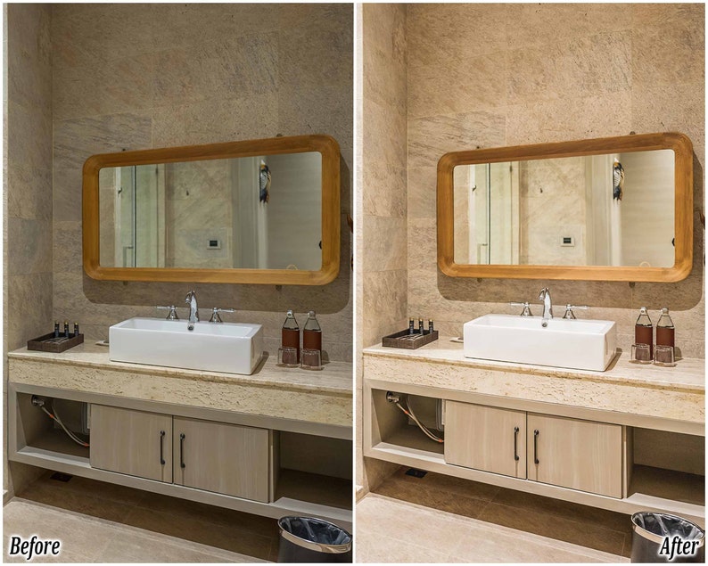 May include: A bathroom vanity with a white porcelain sink, a wooden framed mirror, and two bottles of liquid soap. The vanity has two cabinets with silver handles. The walls are tiled in a light beige color.