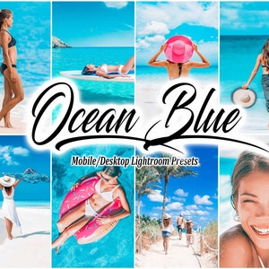 May include: A collage of images featuring people enjoying the beach and ocean. The images are edited with a blue color filter and the text "Ocean Blue Mobile/Desktop Lightroom Presets" is displayed.