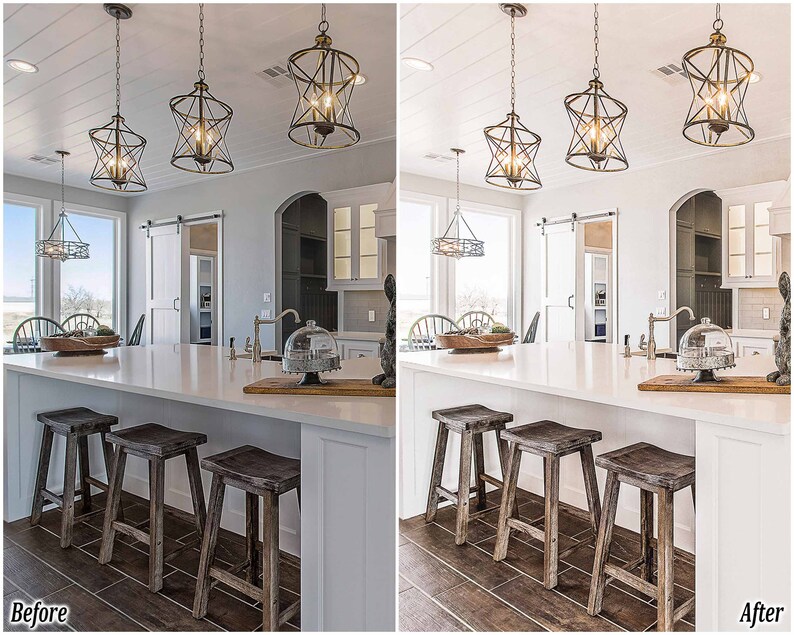 May include: A white kitchen island with three wooden stools. The island has a white countertop and a white backsplash. There are three black pendant lights hanging above the island.