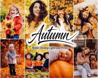 May include: A collection of autumn-themed Lightroom presets for mobile and desktop. The presets are designed to enhance photos with warm, vibrant colors and a cozy feel. The image features a variety of people enjoying the fall season, including children playing in leaves, a woman sitting on a porch, and a baby sleeping on a pumpkin.