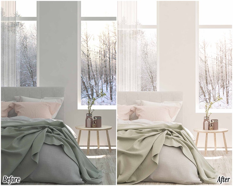 May include: A bedroom with a bed made with a white duvet, a light green throw blanket, and two pink pillows. The bed is next to a wooden side table with a vase of white flowers and two decorative jars. The room has large windows with white curtains and a view of a snowy forest.