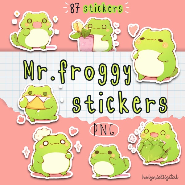 Printable A4 format- Mr. Froggy Digital Stickers - Set of 87 Frog Emoticons for Planners and Crafts
