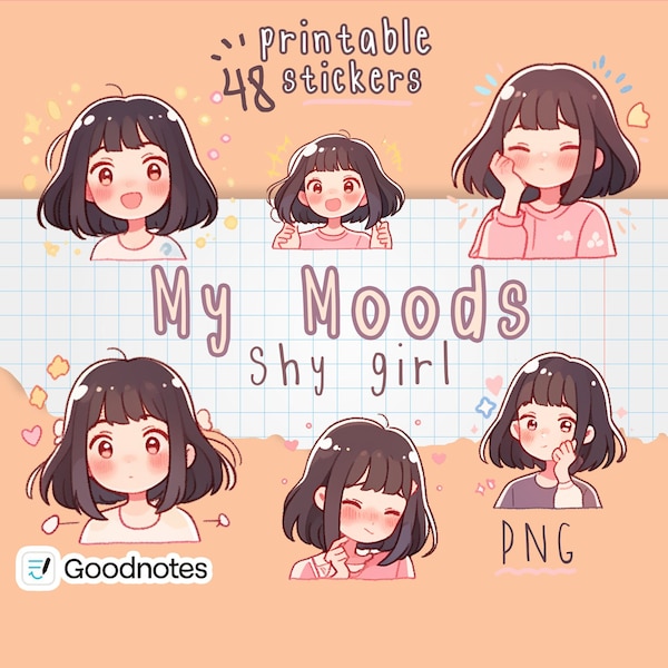 48 My Mood Stickers- Shy Girl |  Digital file for Goodnotes or Notability +A4 format for print