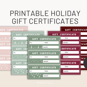 Printable Holiday Gift Certificates - Red, Green and Pink, 8.5 in x 11 in - Digital Download