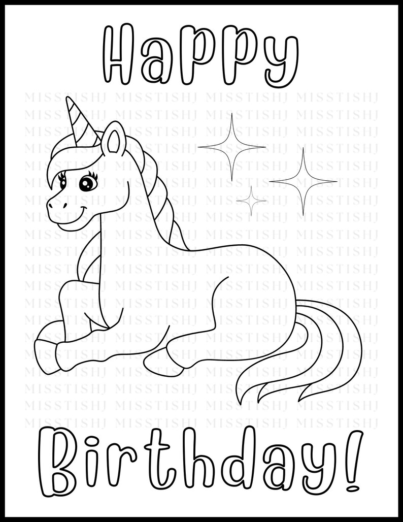 Printable Happy Birthday Coloring Pages Unicorn Theme, Digital Download