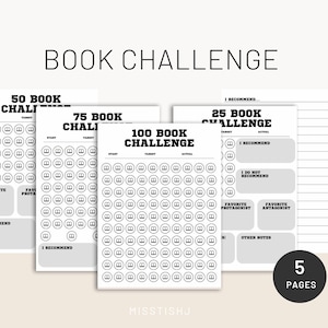 5 Page Printable Book Challenge with Multiple Challenges - Black & White, 8.5 in x 11 in - Digital Download