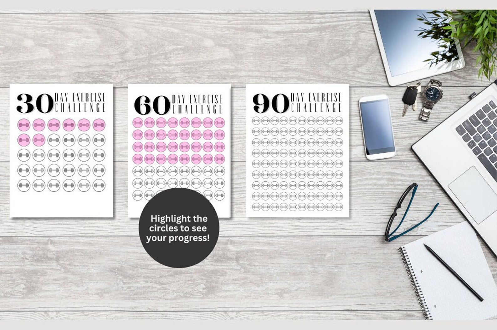 3 Page Printable 30-60-90 Day Exercise Challenge - Black &amp; White, 8.5 ...
