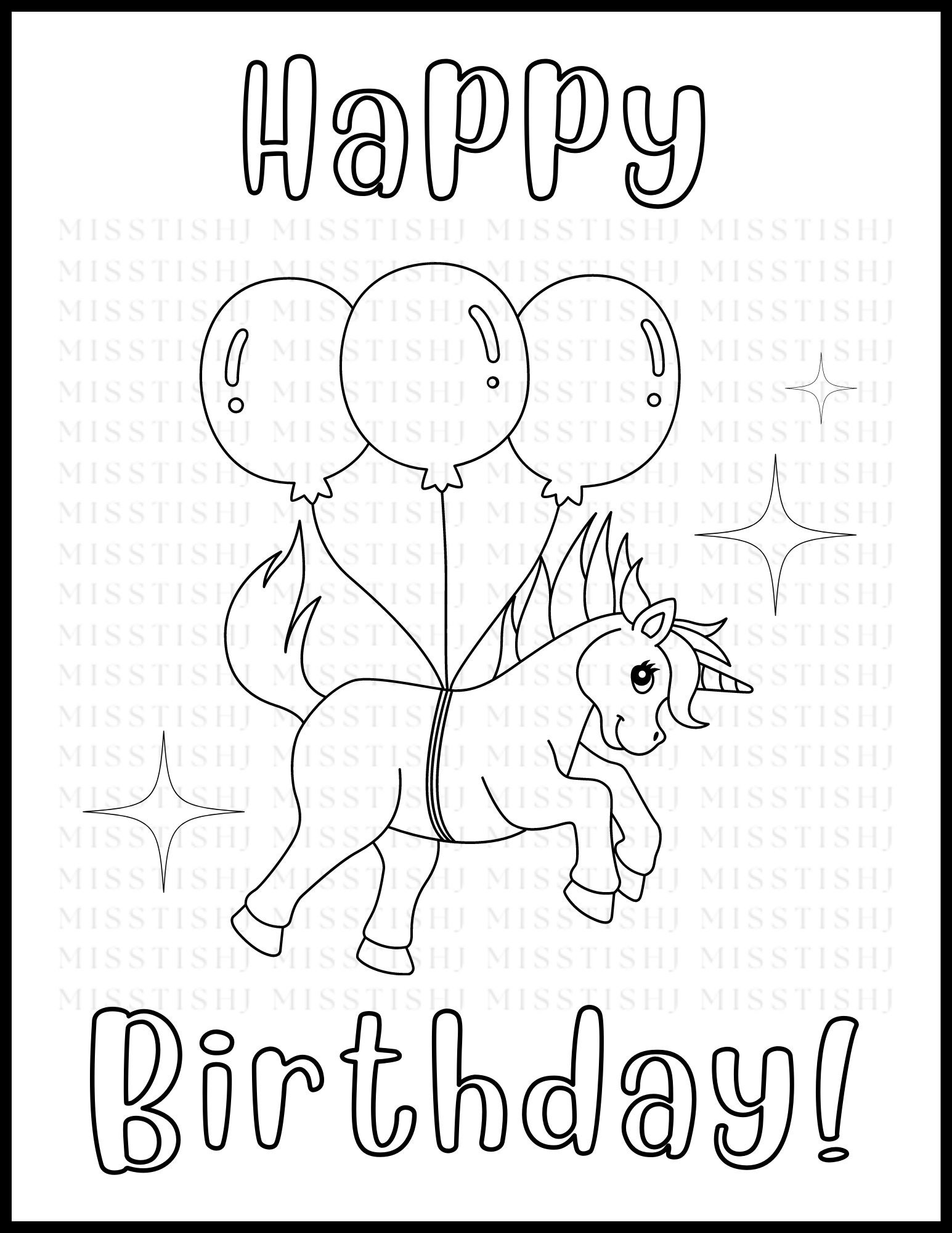 Printable Happy Birthday Coloring Pages - Unicorn Theme, Digital