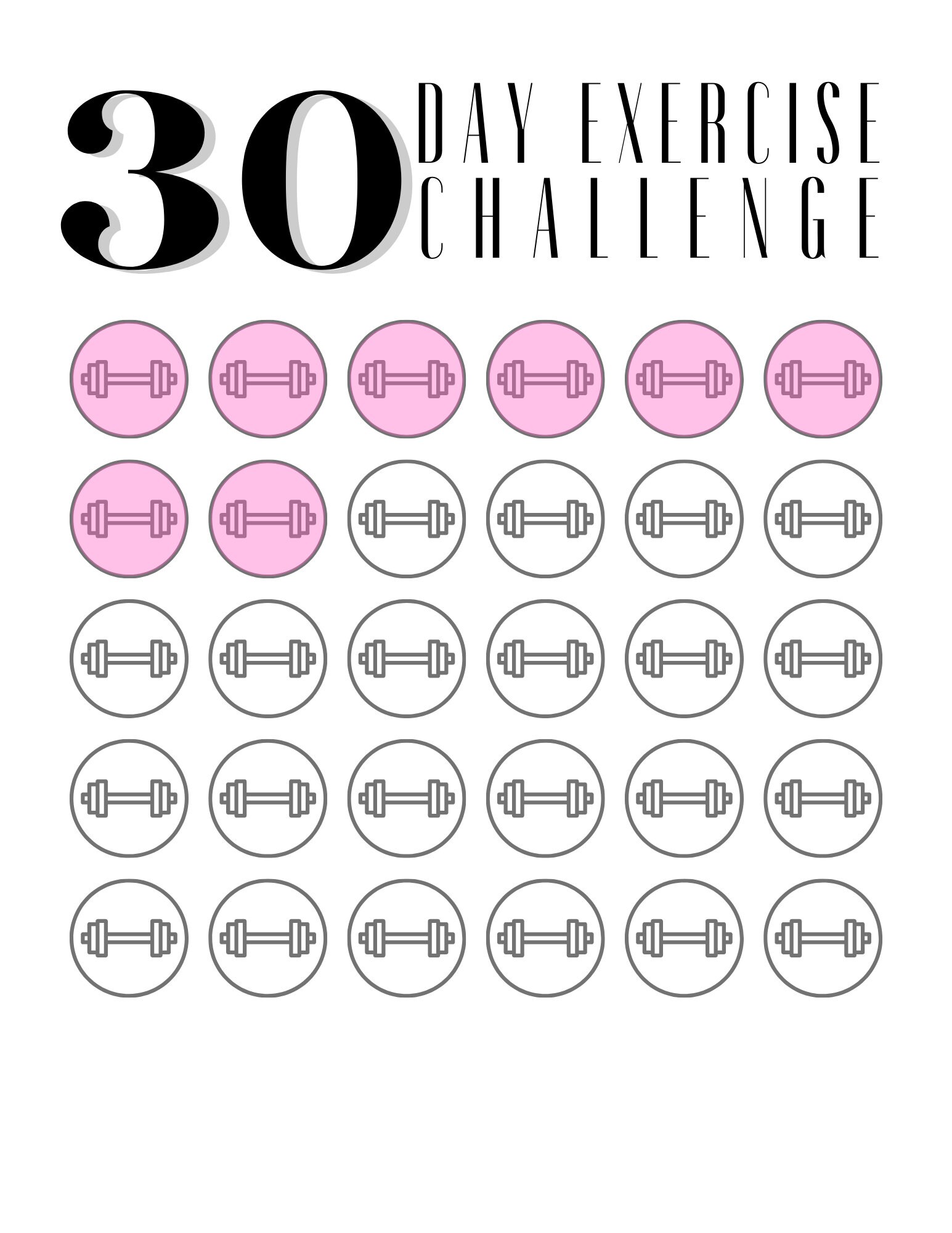 3 Page Printable 30-60-90 Day Exercise Challenge - Black &amp; White, 8.5 ...