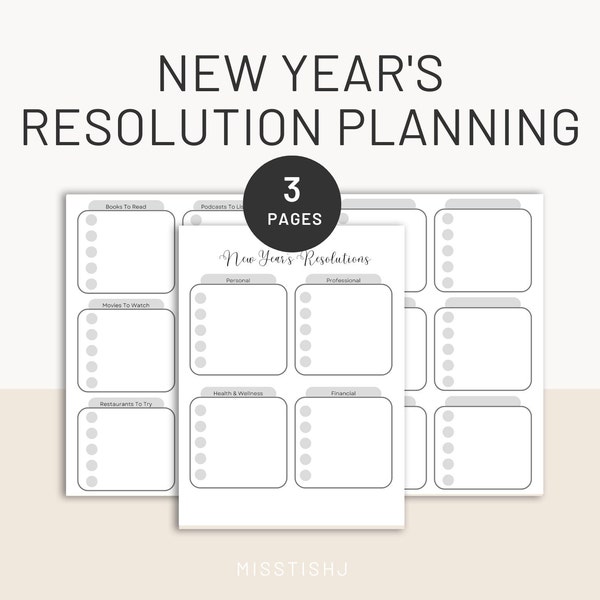 New Years Resolution Planner and Tracker - Black and White, Printable 8.5in x 11in