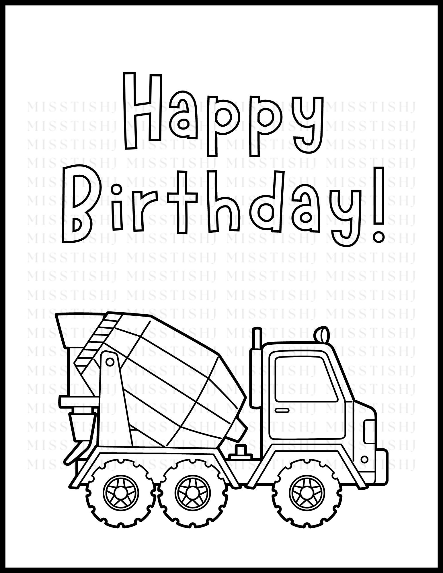 Printable Happy Birthday Coloring Pages - Vehicles Theme, Digital