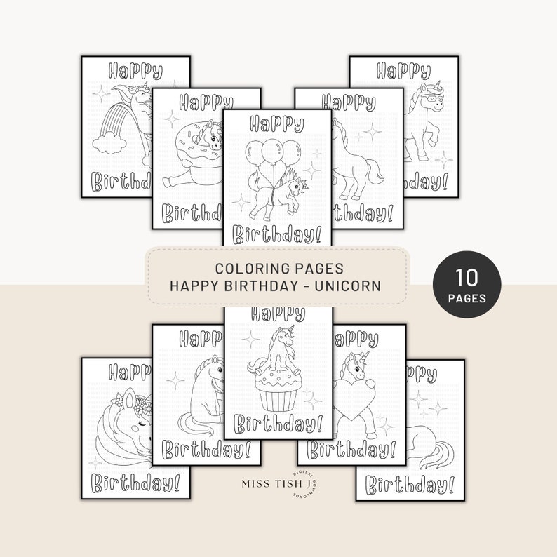 Printable Happy Birthday Coloring Pages - Unicorn Theme, Digital