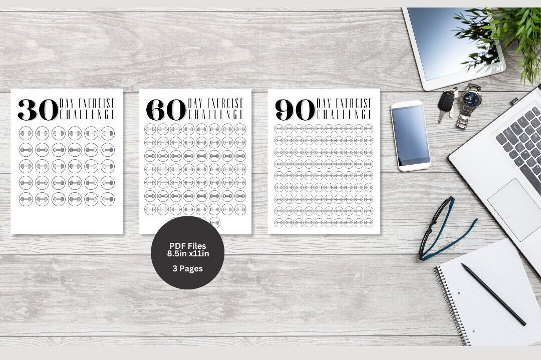 3 Page Printable 30-60-90 Day Exercise Challenge - Black &amp; White, 8.5 ...