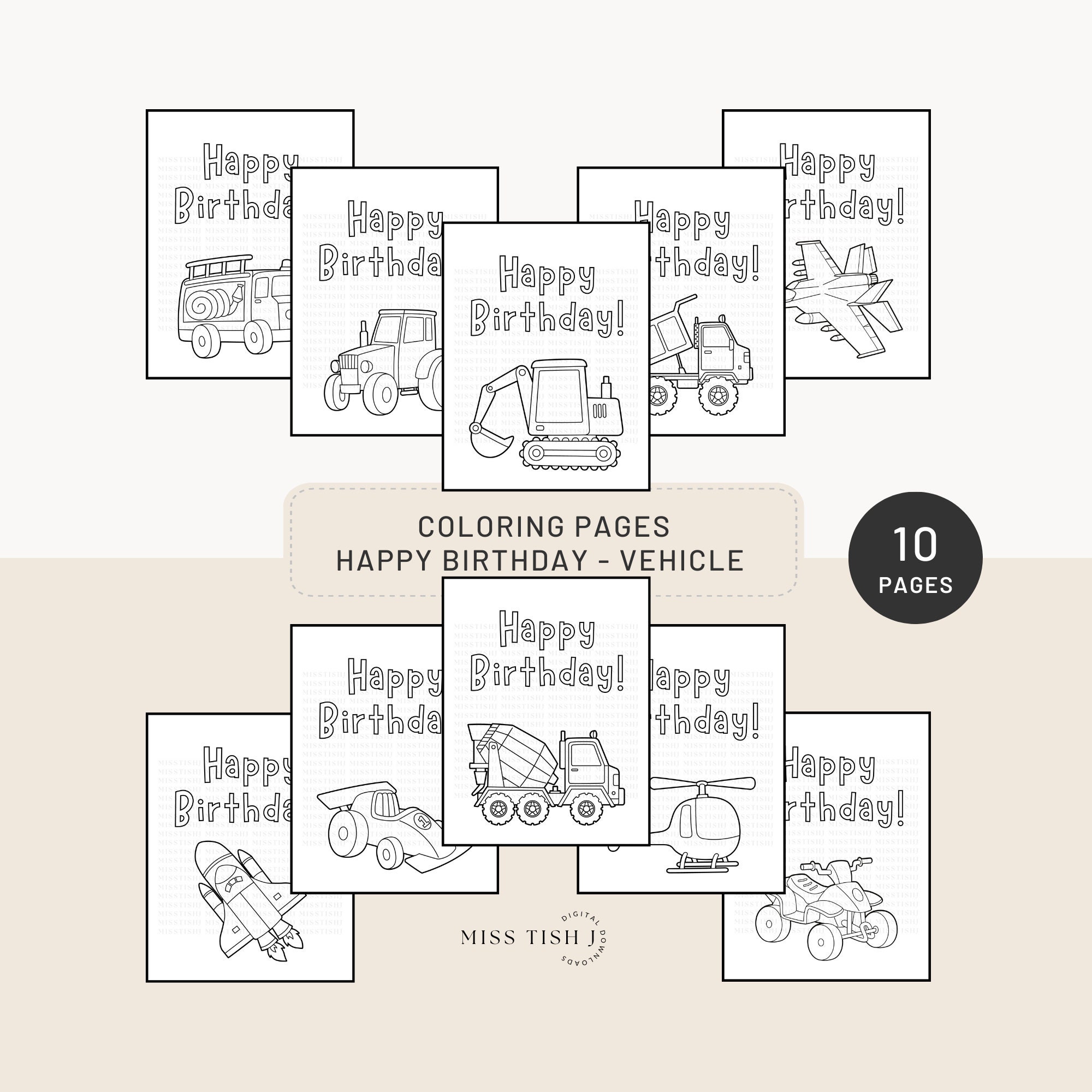 Printable Happy Birthday Coloring Pages - Vehicles Theme, Digital