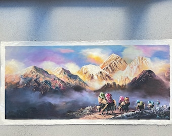 Mt. Everest Nepal - Original Painting, Himalayas, Landscape, Art, Decor, Hand-made, Yaks, Trekking, Sunrise