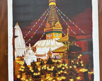 Hand-Painted Swayambhunath Stupa at Night - Authentic Artwork from Nepal