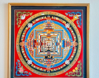 Hand-painted Kalachakra Mandala Tibetan Thangka, Framed Painting, Art 28 x 28-Inch - Circle of Life