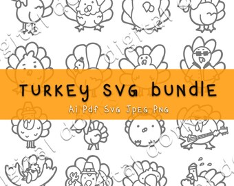 Op de afbeelding: Een set van 12 zwart-witte lijntekeningen van kalkoenen. De kalkoenen staan in verschillende poses, waaronder met hoeden, zonnebrillen en gitaar spelen. De tekst "TURKEY SVG BUNDLE" staat bovenaan de afbeelding, en de tekst "Ai Pdf Svg Jpeg Png" staat eronder.