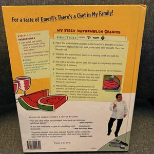 May include: Back cover of a cookbook titled "There's a Chef in My Family!" with a recipe for watermelon granita. The cover features illustrations of watermelon slices and a chef, along with recipe instructions.