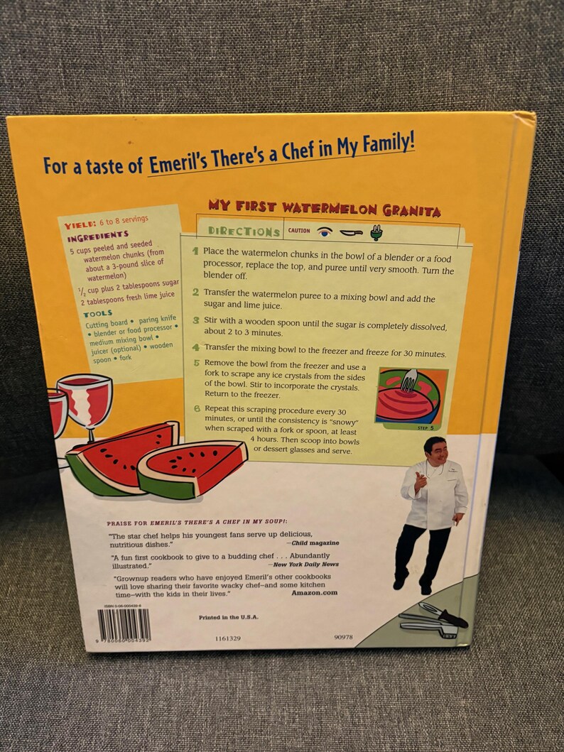 May include: Back cover of a cookbook titled "There's a Chef in My Family!" with a recipe for watermelon granita. The cover features illustrations of watermelon slices and a chef, along with recipe instructions.