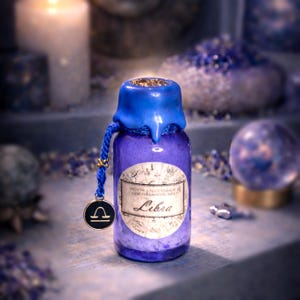 May include: A small, purple apothecary bottle with a blue wax seal and a Libra zodiac charm. The bottle has a label with the word "Libra" and is filled with a lavender-colored substance. The seal is topped with gold glitter.