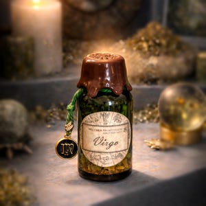 May include: A small, dark green apothecary bottle with a brown wax seal and a green cord. The label reads "Virgo" with zodiac symbols. A gold charm with the Virgo symbol hangs from the bottle. The bottle is filled with herbs and sits on a gray surface.