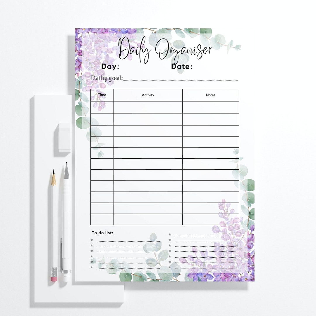 Printable Daily Planner/organiser, Lilac and Eucalyptus, Watercolour ...