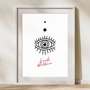 May include: A black and white illustration of an eye with the text "Look Within" in red cursive.