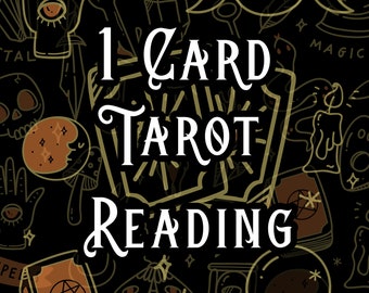 May include: Black background with gold and brown illustrations of mystical symbols. The text reads "1 CARD TAROT READING" in a decorative font, with "STARLIGHT SOOTHSAYER" below. The image features moons, hands, and books.