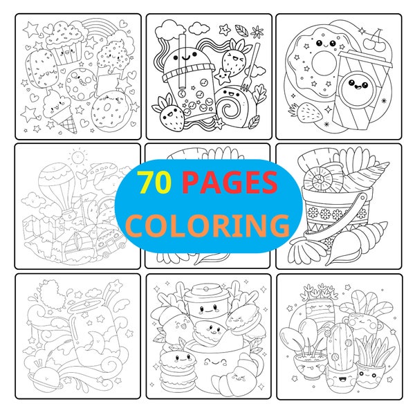 70 Kawaii Coloring Pages ,Coloring Book Page Coloring Page| 70 Pages | Cute Coloring Pages | For Kids and Adults | Digital Download.