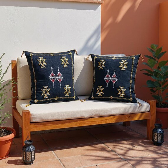Black Throw Decorative Pillow Cover, Moroccan Handmade Floor - Main Image