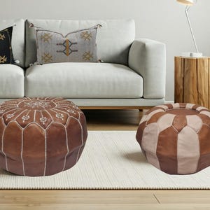 Leather Ottoman Pouf – Handmade Brown Leather Footstool - Brown Leather Floor Cushion.
