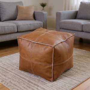Handgefertigter Leder Pouf Ottomane | braunes Leder-Bodenkissen | Wohnzimmer Fußhocker.