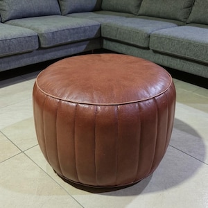 Brown Leather Ottoman – Handmade Round Footstool – Luxury Leather Pouf – Cozy Living Room Ottoman.