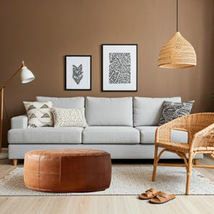Leather Ottoman Pouf – Handmade Brown Leather Footstool - Brown Leather Floor Cushion.
