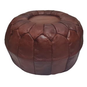 Handmade Brown Leather Pouf - Perfect Accent for Cozy Home Decor - Round Leather Ottoman Footstool - Authentic Boho Decor.