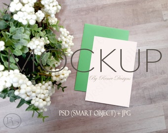 Flower Card Mockup: 4x6 White Card with Green Envelope (PSD)
