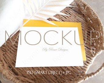 Card Mockup: Yellow Envelope, Brown Basket (PSD, JPG)