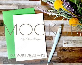 Card Mockup: Green Envelope, Barnwood, Lavender (PSD Smart Object)