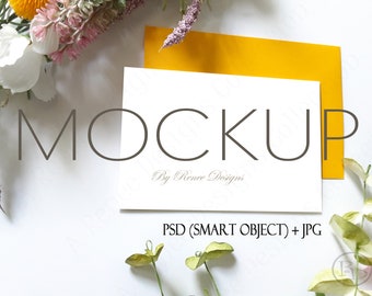 Blank Card Mockup: 4x6 White Card with Yellow Envelope (PSD Smart Object)