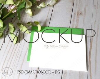Card Mockup: White Card with Green Envelope (PSD Smart Object)