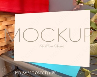 Off White Card Mockup: 4x6 Basket Scene (PSD Smart Object)