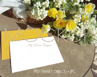 Card Mockup: White Card with Yellow Envelope & Flowers (PSD Smart Object) (Digital Download)