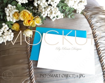 4x6 Stationery Mockup: Card on Pillow with Flowers (PSD, JPG)