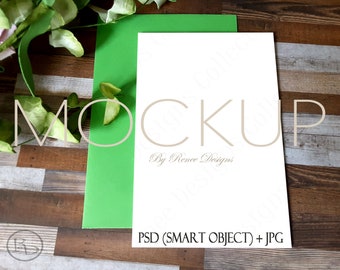 Greeting Card Mockup: 4x6 Barn Wood with Green Envelope (PSD Smart Object)