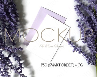 Card Mockup: Purple Flowers, 4x6 Invitation, PSD Smart Object (Digital Download)