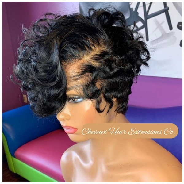 Brazilian virgin hand tied full lace pixie cut curly bob wig