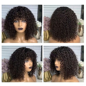 100% human hair bang curly machine made wig